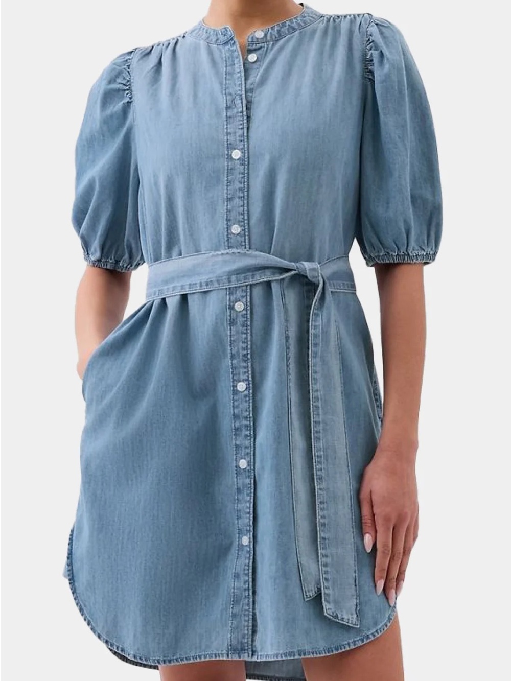 NWT GAP Light Blue Denim Chambray Mini Dress with Puff Sleeves and Tie Belt
